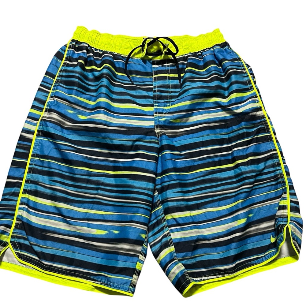 Nike Neon Trim Blue Striped Swim Trunks Size Medium Sun Summer Swim Surf
